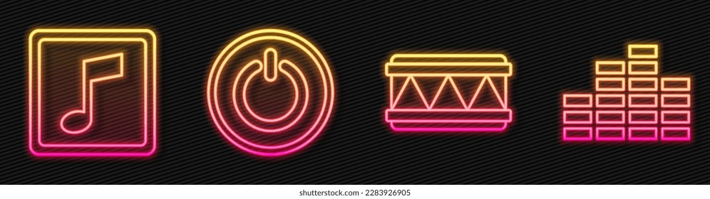 Set line Drum, Music note, tone, Power button and Music equalizer. Glowing neon icon. Vector