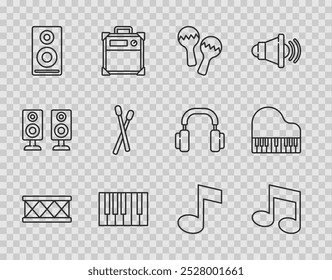 Set line Drum, Music note, tone, Maracas, Grand piano, Stereo speaker, sticks,  and  icon. Vector