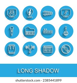 Set line Drum, Musical tuning fork, note, tone, synthesizer, Vinyl disk, Grand piano, Banjo and Sound mixer controller icon. Vector