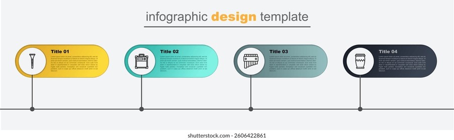 Set line Drum, Pan flute, Guitar amplifier and Clarinet. Business infographic template. Vector