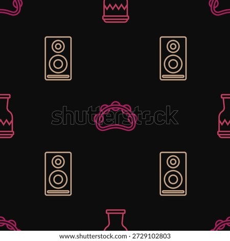 Set line Drum, Stereo speaker and Tambourine on seamless pattern. Vector