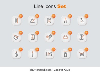 Set line Drum with drum sticks, African percussion, Vinyl player vinyl disk, Audio jack, Banjo, Metronome pendulum, Tambourine and Maracas icon. Vector