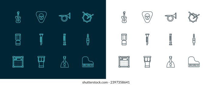 Set line Drum with drum sticks, African percussion, Flute, Balalaika, Clarinet, Trumpet, Electric bass guitar and Guitar pick icon. Vector