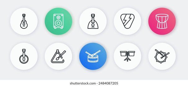 Set line Drum with drum sticks, African darbuka, Banjo, Bongo, Guitar pick, Balalaika,  and Triangle musical instrument icon. Vector