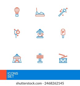 Set line Drum with drum sticks, Attraction carousel, Circus tent, Ice cream, Balloons ribbon, Magic wand and Bumper icon. Vector