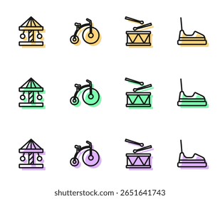 Set line Drum with drum sticks, Attraction carousel, Vintage bicycle and Bumper icon. Vector