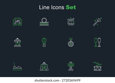 Set línea Tambor con palos de tambor, carrusel de atracción, tienda de Circo, Parachoques, Bowling pin, monociclo, globo de aire caliente e icono. Vector