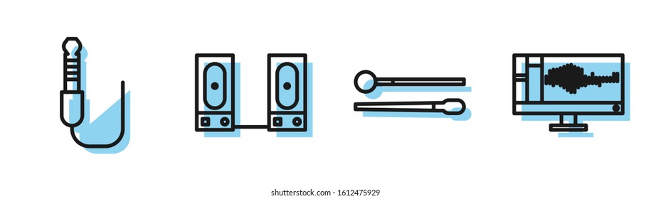 Set line Drum sticks, Audio jack, Stereo speaker and Sound or audio recorder on monitor icon. Vector