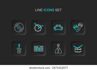 Set line Drum with drum sticks, Balalaika, Music synthesizer, Electric bass guitar, Maracas, Tambourine,  and Vinyl disk icon. Vector