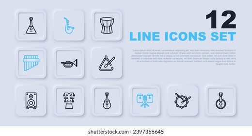 Set line Drum with drum sticks, Banjo, Trumpet, Conga drums, Pan flute, Guitar neck, Saxophone and  icon. Vector