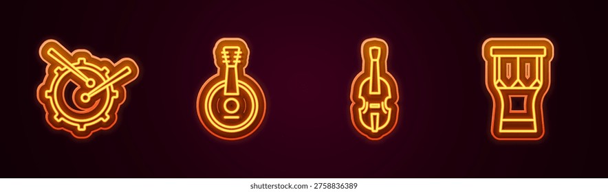 Set line Drum with drum sticks, Banjo, Violin and African percussion. Glowing neon icon. Vector