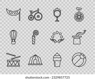 Set line Drum with drum sticks, Beach ball, Circus fire hoop, tent, Festive mask, Birthday party horn, Ice cream and Magician hat icon. Vector