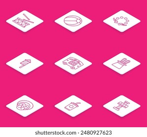 Set line Drum with drum sticks, Beach ball, Juggling, Firework rocket, Circus wagon, Magician hat and rabbit ears, Wild lion and Paper glass water icon. Vector