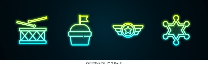Set line Drum and drum sticks, Cake, Star American military and Hexagram sheriff. Glowing neon icon. Vector
