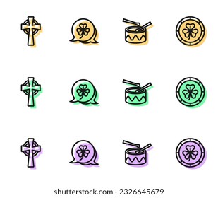 Set line Drum with drum sticks, Celtic cross, Clover trefoil leaf and Golden leprechaun coin icon. Vector