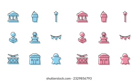 Set line Drum with drum sticks, Circus tent, Attraction carousel, Ghost, Carnival garland flags, Joystick for arcade machine and Ice cream waffle cone icon. Vector