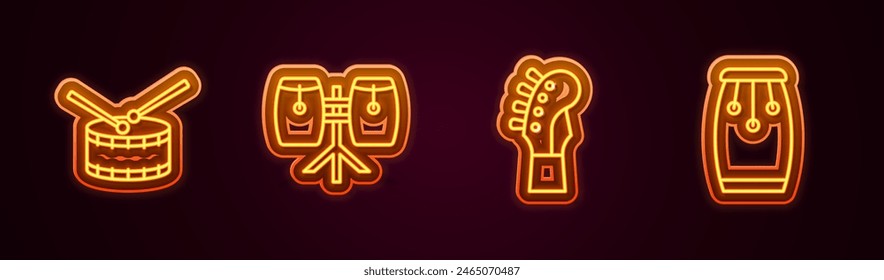 Set line Drum with drum sticks, Conga drums, Guitar neck and . Glowing neon icon. Vector