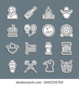 Set line Drum and drum sticks, Declaration of independence, Medal with star, White House, Balloons, Burger, George Washington and Calendar date July 4 icon. Vector