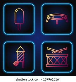 Set line Drum with drum sticks, Firework rocket, Ice cream and Jumping trampoline. Gradient color icons. Vector