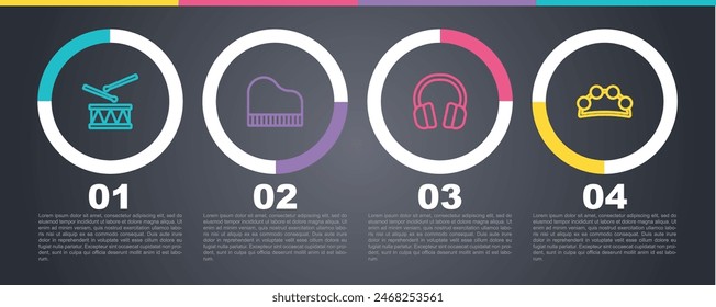 Set line Drum with drum sticks, Grand piano, Headphones and Tambourine. Business infographic template. Vector