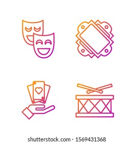 Set line Drum with drum sticks, Hand holding playing cards, Comedy theatrical masks and Ticket. Gradient color icons. Vector