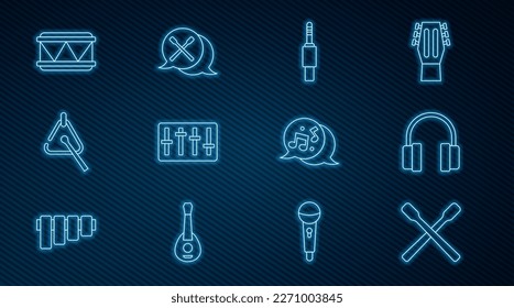 Set line Drum sticks, Headphones, Audio jack, Sound mixer controller, Triangle, Music note, tone and  icon. Vector