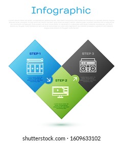 Set line Drum with drum sticks, Home stereo with two speakers and Video recorder or editor software on monitor. Business infographic template. Vector