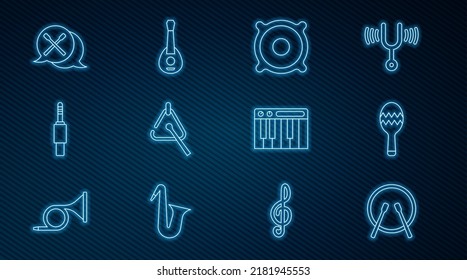 Set line Drum and drum sticks, Maracas, Stereo speaker, Triangle, Audio jack, Music synthesizer and Guitar icon. Vector