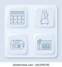Set line Drum with drum sticks, Metronome with pendulum in motion, Music tape player and Drum machine. White square button. Vector