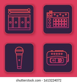 Set line Drum with drum sticks, Microphone, Drum machine and Music tape player. Blue square button. Vector