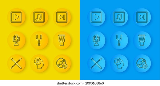 Set line Drum sticks, Microphone, Musical tuning fork, Vinyl disk, Play square, Fast forward and note, tone icon. Vector