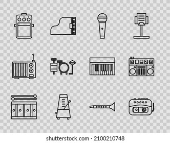 Set line Drum with drum sticks, Music tape player, Microphone, Metronome pendulum in motion, Guitar pedal, Drums, Clarinet and DJ remote for playing and mixing music icon. Vector