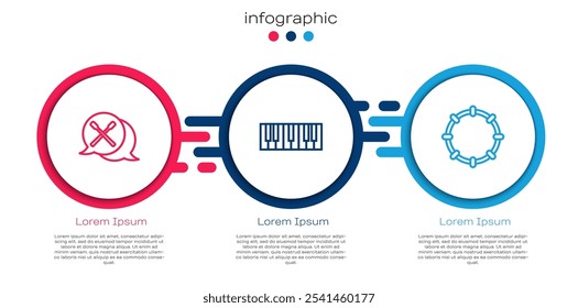 Línea de set Baquetas de tambor, sintetizador de música y pandereta. Plantilla de infografía de negocios. Vector