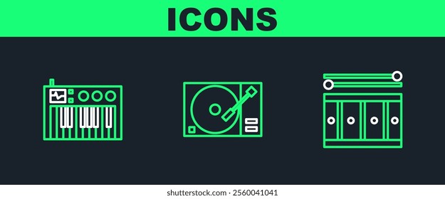 Set line Drum with drum sticks, Music synthesizer and Vinyl player a vinyl disk icon. Vector