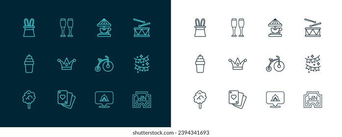 Set line Drum with drum sticks, Playing cards, Vintage bicycle, Circus tent, Jester hat bells, Attraction carousel, Magician and rabbit ears and Bowling pin icon. Vector