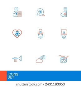 Set line Trommel mit Trommelstöcken, Regenbogenwolke, Trompete, Leprechaun, Herz Klee Kleeblatt, Stiefel und Klee-Symbol. Vektor