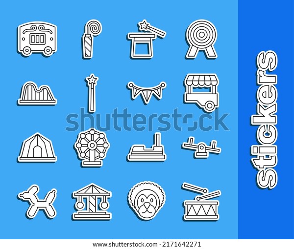 Set line Drum with drum sticks,\
Seesaw, Fast street food cart, Magic hat and wand, Roller coaster,\
Circus wagon and Carnival garland flags icon.\
Vector