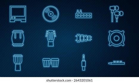 Set line Drum and drum sticks, Stereo speaker, Sound mixer controller, Guitar, Voice assistant, Xylophone and Vinyl disk icon. Vector