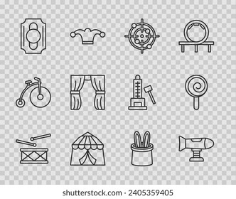 Set line Drum with drum sticks, Swing plane, Target sport, Circus tent, ticket, curtain raises, Magician hat and rabbit ears and Lollipop icon. Vector