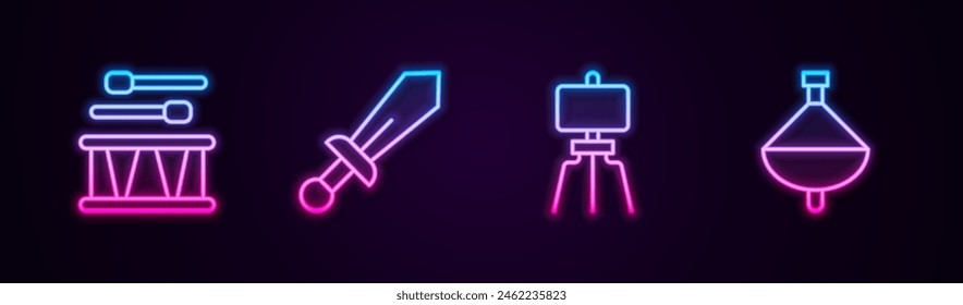 Set line Tambor con palos de tambor, Juguete de espada, Caballete de madera y Whirling. Icono de neón brillante. Vector