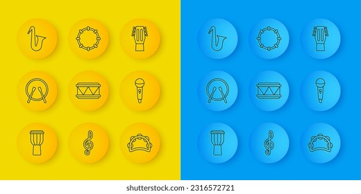 Set line Drum, and drum sticks, Tambourine, Microphone, Musical instrument saxophone, Guitar and  icon. Vector