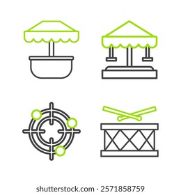 Set line Drum with drum sticks, Target sport for shooting competition, Attraction carousel and  icon. Vector