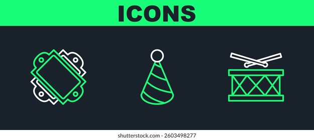 Set line Drum with drum sticks, Ticket and Party hat icon. Vector