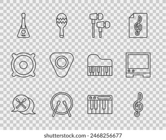Set line Drum sticks, Treble clef, Air headphones, and drum, Guitar, pick, Music synthesizer and Voice assistant icon. Vector