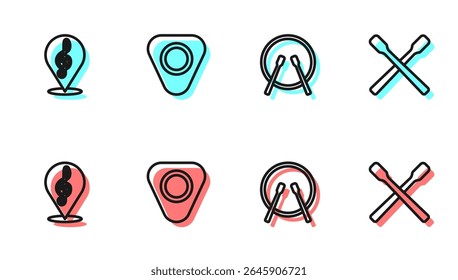 Definir linha Tambor e baquetas, Treble clave, Guitar pick and icon. Vetor