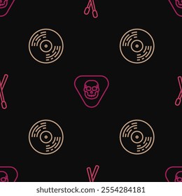 Set line Drum sticks, Vinyl disk and Guitar pick on seamless pattern. Vector