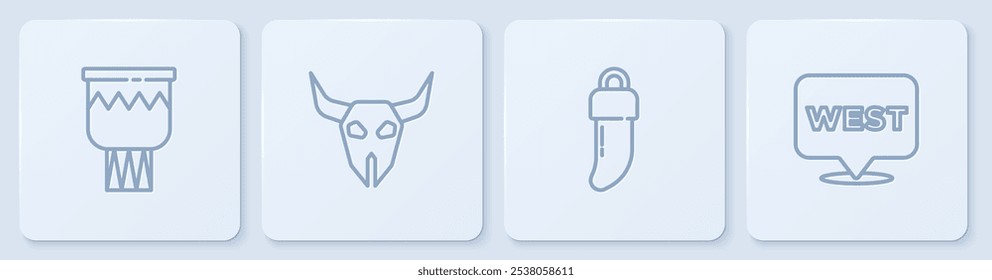 Set line Drum, Tooth, Buffalo skull and Pointer to wild west. White square button. Vector