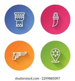 Set line Drum, Tooth, Revolver gun and Hexagram sheriff. Color circle button. Vector