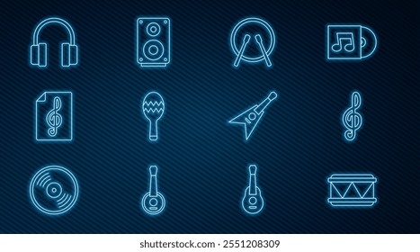 Set line Drum, Treble clef, and drum sticks, Maracas, Headphones, Electric bass guitar and Stereo speaker icon. Vector