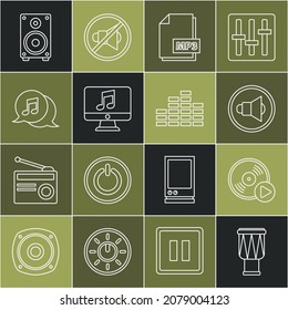 Set line Drum, disco de vinilo, volumen del altavoz, documento de archivo MP3, ordenador con nota de música, burbuja de voz musical, altavoz estéreo e icono de ecualizador. Vector